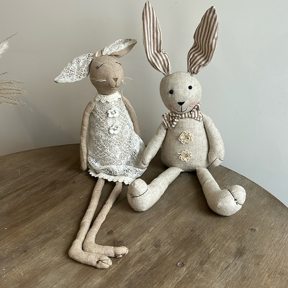 Tall Stuffed Bunny Plush Rabbits Shelf Sitting Easter Decor Set of 2 - Picture 13 of 14